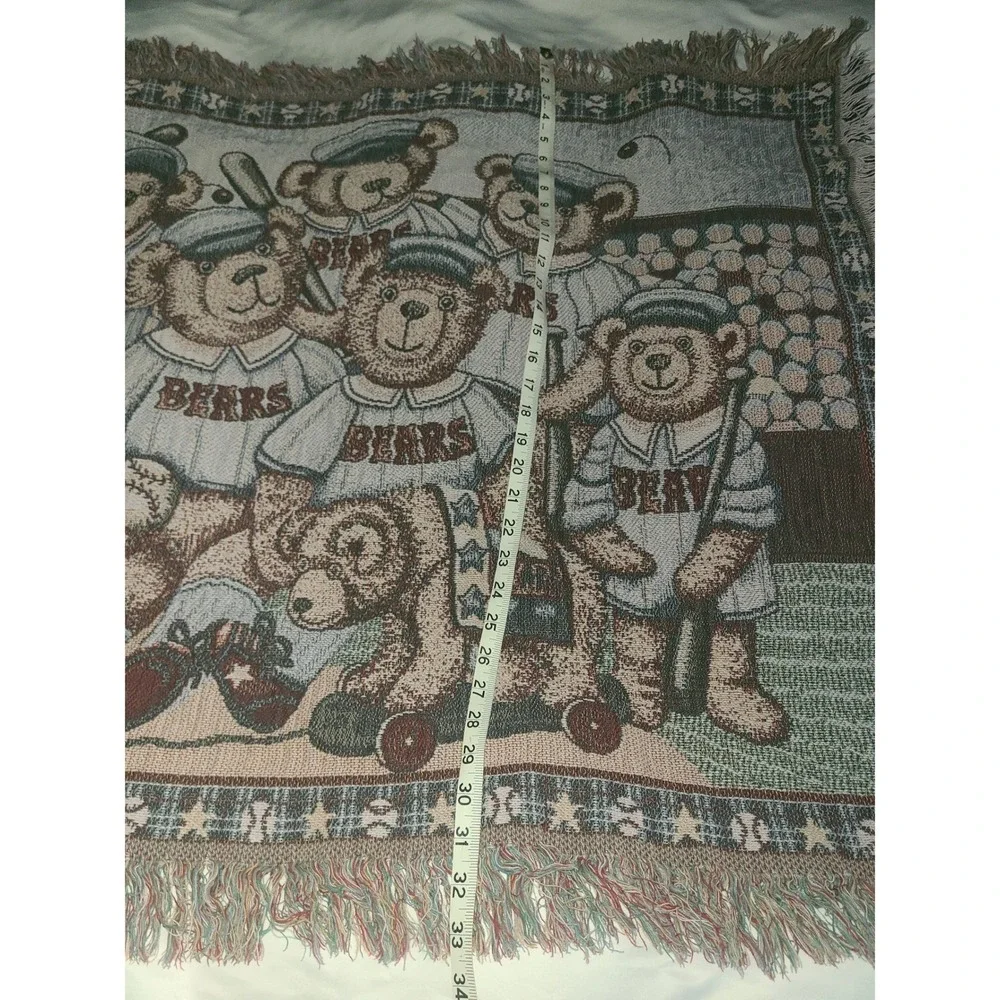Nita Showers Teddy Bear Baseball Woven Tapestry Throw Blanket Fringed 39x33